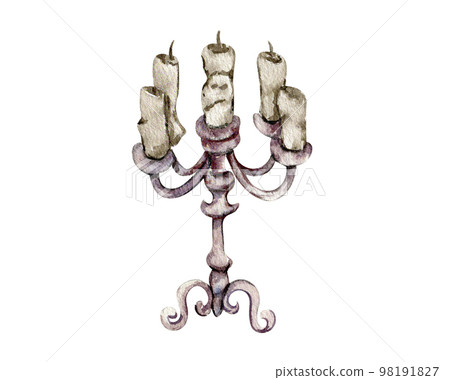 Watercolor illustration of an old metallic andelabrum  with candle.An old rusty enamel element. Hand-drawn in watercolour on a white background.Perfect for wedding invitation, greetings card, posters. 98191827