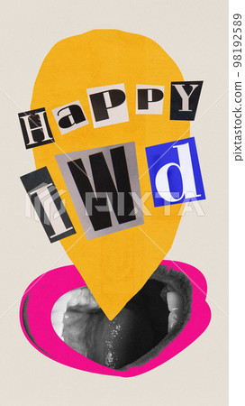 Creative colorful modern art collage. Female shouting mouth and letters. Concept of spring summer holiday, women's day, beauty. Poster in applique style, children's drawing Creative colorful modern art collage. Female shouting mouth and letters. Concept of spring summer holiday, women's day, beauty. Poster in applique style, children's drawing 98192589