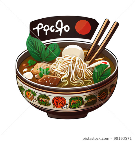 Pho Vietnamese dish of rice noodles, herbs, and various meats or vegetables. Cartoon sticker Pho Vietnamese dish of rice noodles, herbs, and various meats or vegetables. Cartoon sticker 98193571
