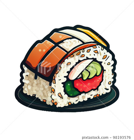 Cartoon sticker Sushi Japanese dish of raw fish and rice rolls 98193576
