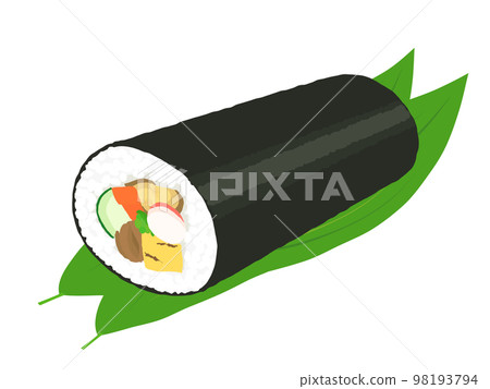 A roll of futomaki sushi placed on a bamboo leaf A roll of futomaki sushi placed on a bamboo leaf 98193794
