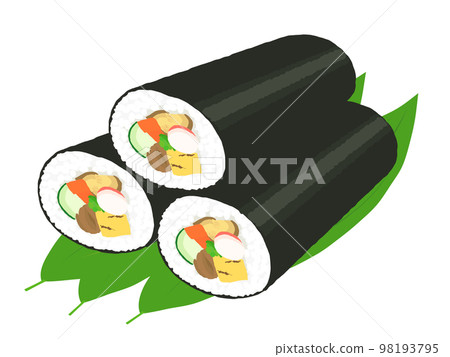 Three futomaki sushi rolls on a bamboo leaf 98193795