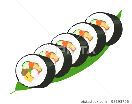 5 slices of futomaki sushi arranged on a bamboo leaf 5 slices of futomaki sushi arranged on a bamboo leaf 98193796