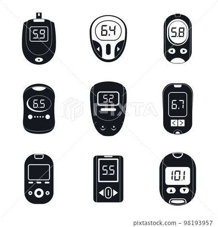 Glucose meter sugar blood test device icons set. Simple illustration of 9 glucose meter sugar blood test device vector icons for web 98193957