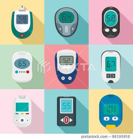 Glucose meter sugar blood test device icons set. Flat illustration of 9 glucose meter sugar blood test device vector icons for web Glucose meter sugar blood test device icons set. Flat illustration of 9 glucose meter sugar blood test device vector icons for web 98193958