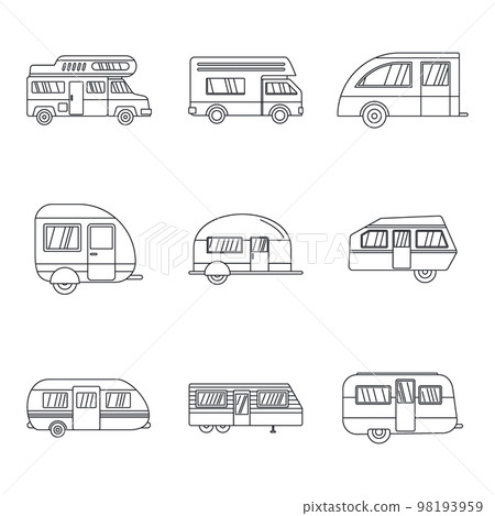 Motorhome car trailer camp house icons set. Outline illustration of 9 motorhome car trailer camp house vector icons for web Motorhome car trailer camp house icons set. Outline illustration of 9 motorhome car trailer camp house vector icons for web 98193959