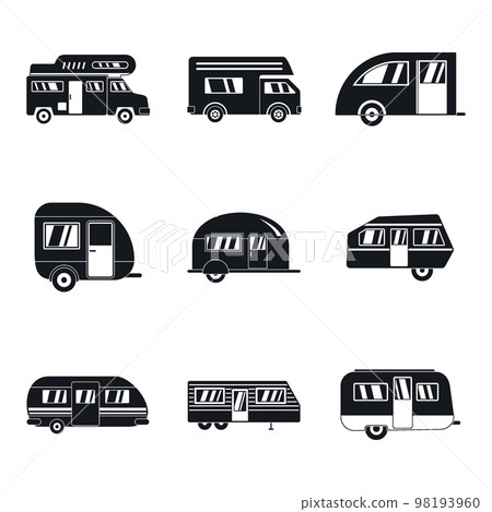 Motorhome car trailer camp house icons set. Simple illustration of 9 motorhome car trailer camp house vector icons for web Motorhome car trailer camp house icons set. Simple illustration of 9 motorhome car trailer camp house vector icons for web 98193960