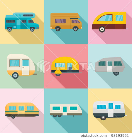 Motorhome car trailer camp house icons set. Flat illustration of 9 motorhome car trailer camp house vector icons for web Motorhome car trailer camp house icons set. Flat illustration of 9 motorhome car trailer camp house vector icons for web 98193961