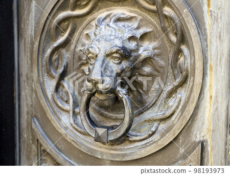 Antique decorative handle knocker on wooden vintage house door. Classical metal bronze lion head  98193973