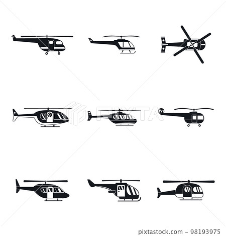Helicopter military aircraft chopper icons set. Simple illustration of 9 helicopter military aircraft chopper vector icons for web Helicopter military aircraft chopper icons set. Simple illustration of 9 helicopter military aircraft chopper vector icons for web 98193975