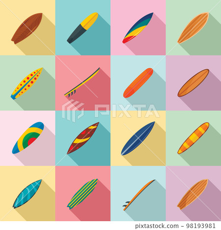 Surfboard surf board icons set. Flat illustration of 16 surfboard surf board vector icons for web 98193981