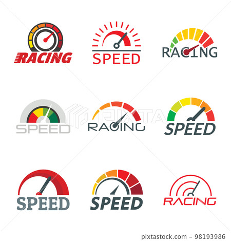 Speedometer level indicator logo set. Flat illustration of 9 speedometer level indicator vector logotypes for web 98193986