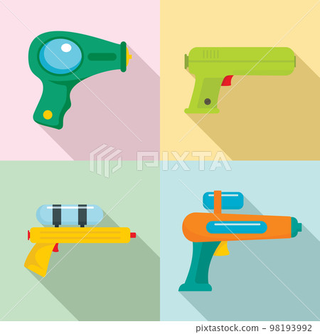 Squirt gun water pistol game icons set. Flat illustration of 4 squirt gun water pistol game vector icons for web 98193992