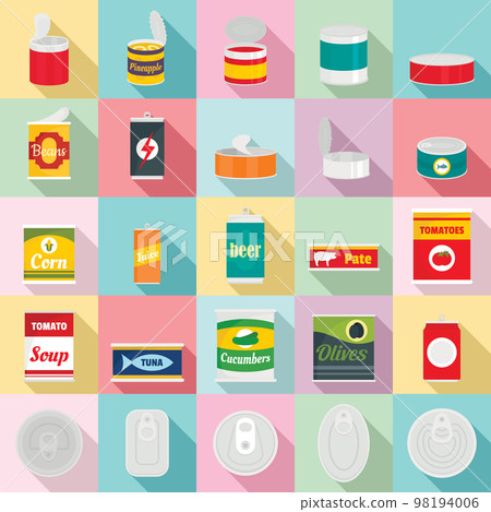 Tin can food package jar icons set. Flat illustration of 25 tin can food package jar vector icons for web Tin can food package jar icons set. Flat illustration of 25 tin can food package jar vector icons for web 98194006