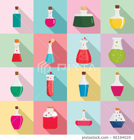 Potion magic bottle icons set. Flat illustration of 16 potion magic bottle vector icons for web Potion magic bottle icons set. Flat illustration of 16 potion magic bottle vector icons for web 98194020
