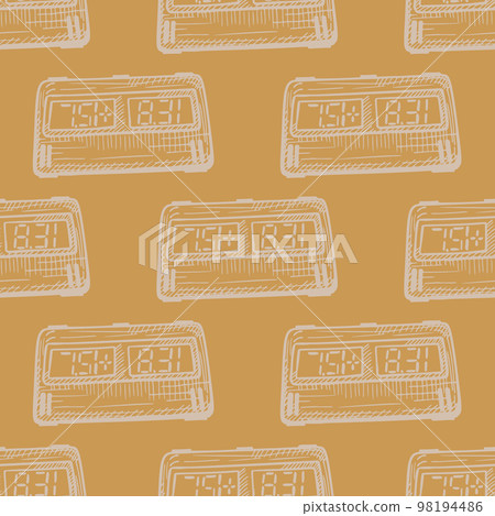 Chess clock electric engraved seamless pattern. Retro watch for chess game in hand drawn style. Sketch texture for fabric, wallpaper, textile, print, title, wrapping paper. Vector illustration. Chess clock electric engraved seamless pattern. Retro watch for chess game in hand drawn style. Sketch texture for fabric, wallpaper, textile, print, title, wrapping paper. Vector illustration. 98194486
