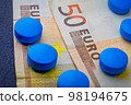 Herbal drug set of blue pill on 50 euro banknote macro 98194675
