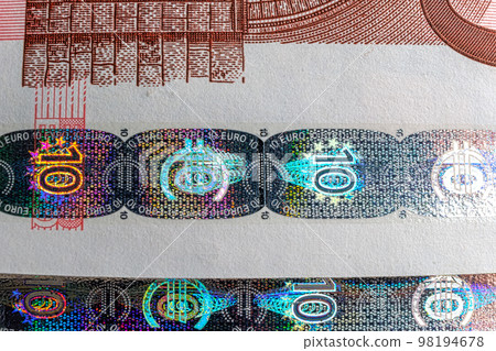 Hologram tamper-proof currency seal authenticity watermark of ten euro banknote, forgery protection 98194678