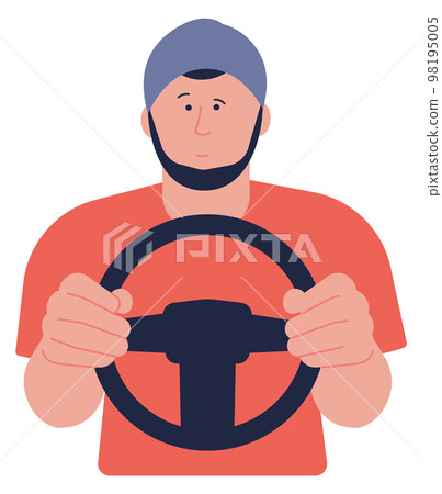 Hipster driving. Young man hold steering wheel 98195005