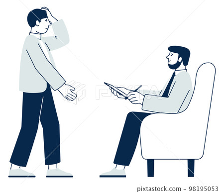 Man talking to therapist. Psychology support session icon Man talking to therapist. Psychology support session icon 98195053