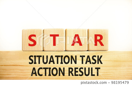 STAR situation task action result symbol. Concept words STAR situation task action result on wooden block on beautiful white background. Business STAR situation task action result concept. Copy space STAR situation task action result symbol. Concept words STAR situation task action result on wooden block on beautiful white background. Business STAR situation task action result concept. Copy space 98195479