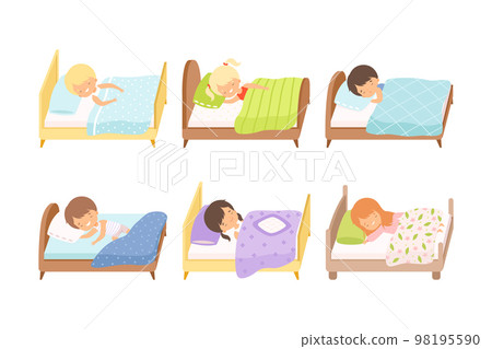 Set of cute boys and girls kids sleeping in cozy beds under blankets cartoon vector illustration Set of cute boys and girls kids sleeping in cozy beds under blankets cartoon vector illustration 98195590