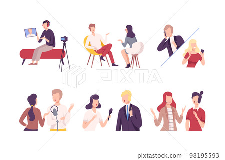 Host interviewing guest, communicating in studio and recording audio podcast or online show set cartoon vector illustration Host interviewing guest, communicating in studio and recording audio podcast or online show set cartoon vector illustration 98195593