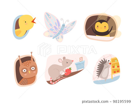 Cute animals living in their cozy burrows and tree hollows set. Mouse, owl, hedgehog, bird, bee doing casual things at home cartoon vector illustration Cute animals living in their cozy burrows and tree hollows set. Mouse, owl, hedgehog, bird, bee doing casual things at home cartoon vector illustration 98195599