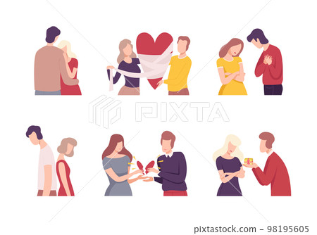 Set of couples trying to restore broken heart. Man and woman characters solving problems to return their love. Relationship concept flat vector illustration 98195605