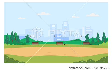 Park landscape with city buildings silhouettes on background Park landscape with city buildings silhouettes on background 98195729