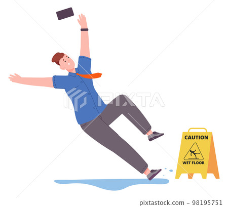 Young man slipping on wet floor. Person falling down accident 98195751