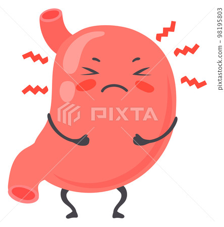 Stomach pain. Red mascot with suffering face 98195803