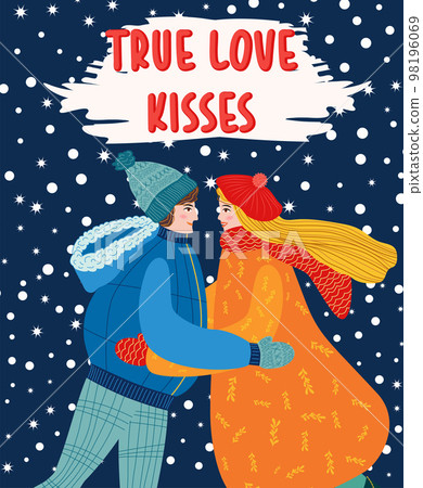 Flat hand drawn valentines day greeting card. Loving couple of young man and woman 98196069