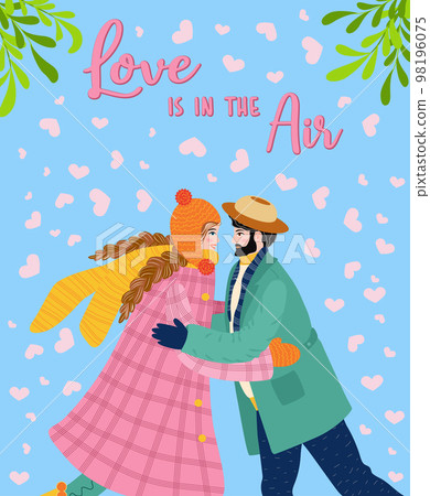 Flat hand drawn valentines day greeting card. Loving couple of young man and woman Flat hand drawn valentines day greeting card. Loving couple of young man and woman 98196075
