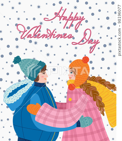 Flat hand drawn valentines day greeting card. Loving couple of young man and woman 98196077