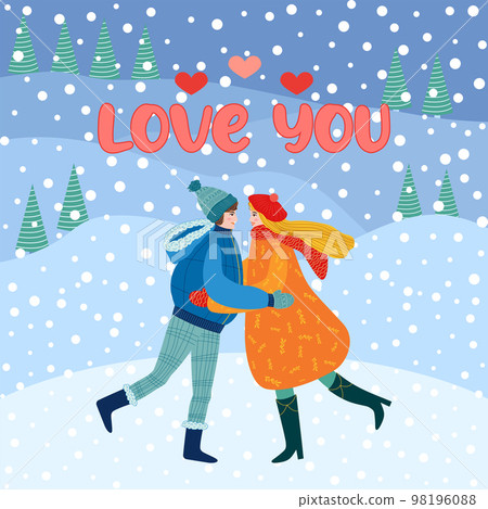 Flat hand drawn valentines day greeting card. Loving couple of young man and woman 98196088