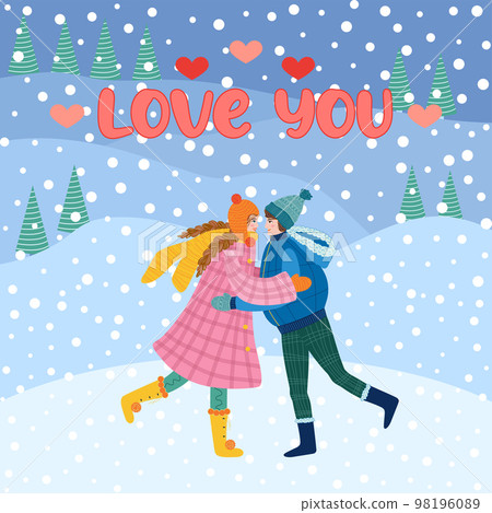 Flat hand drawn valentines day greeting card. Loving couple of young man and woman Flat hand drawn valentines day greeting card. Loving couple of young man and woman 98196089
