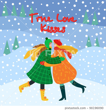 Flat hand drawn valentines day greeting card. Loving couple of young gay men, lesbian women Flat hand drawn valentines day greeting card. Loving couple of young gay men, lesbian women 98196090
