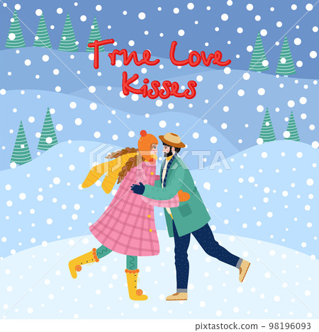 Flat hand drawn valentines day greeting card. Loving couple of young man and woman 98196093