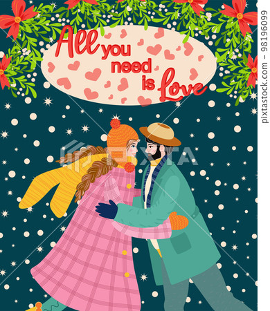 Flat hand drawn valentines day greeting card. Loving couple of young man and woman 98196099