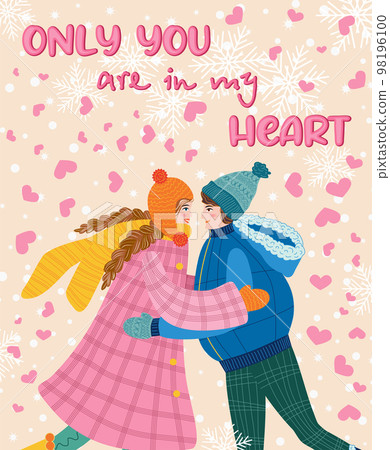 Flat hand drawn valentines day greeting card. Loving couple of young man and woman 98196100