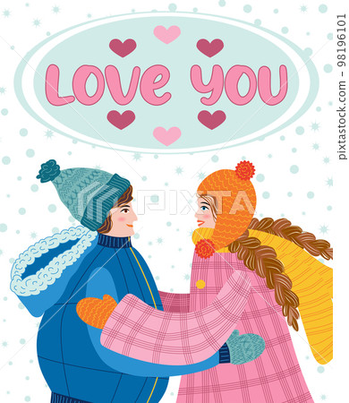 Flat hand drawn valentines day greeting card. Loving couple of young man and woman 98196101