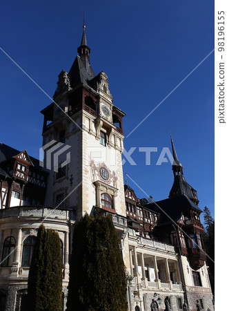 Peles castle Sinaia at sunny day at Transylvania, Romania protected by Unesco World Heritage Site Peles castle Sinaia at sunny day at Transylvania, Romania protected by Unesco World Heritage Site 98196155
