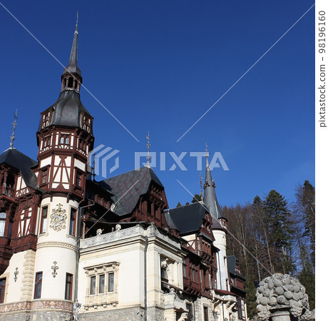 Peles castle Sinaia at sunny day at Transylvania, Romania protected by Unesco World Heritage Site 98196160