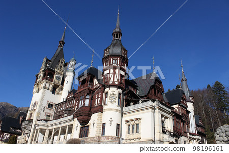 Peles castle Sinaia at sunny day at Transylvania, Romania protected by Unesco World Heritage Site Peles castle Sinaia at sunny day at Transylvania, Romania protected by Unesco World Heritage Site 98196161