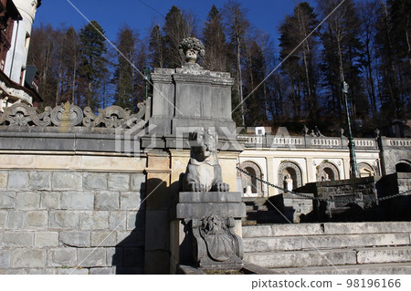 Peles castle Sinaia at sunny day at Transylvania, Romania protected by Unesco World Heritage Site Peles castle Sinaia at sunny day at Transylvania, Romania protected by Unesco World Heritage Site 98196166