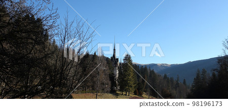 Peles castle Sinaia at sunny day at Transylvania, Romania protected by Unesco World Heritage Site Peles castle Sinaia at sunny day at Transylvania, Romania protected by Unesco World Heritage Site 98196173