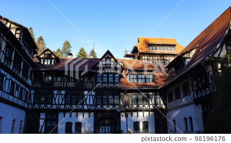 Sinaia, Romania. Typical architecture with german influence in the city from Carpathian Mountains 98196176