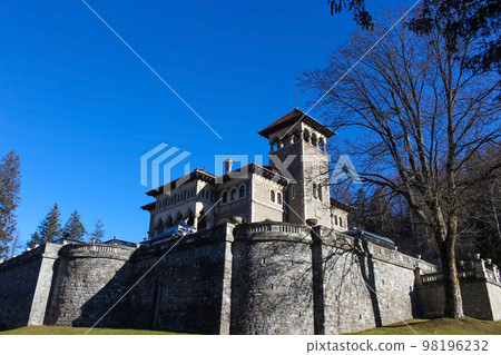 Cantacuzino Castle and yard in a sunny day. Ancient castle in Busteni, Romania. 98196232