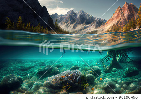 mountain view from the lake. Generative AI 98196460